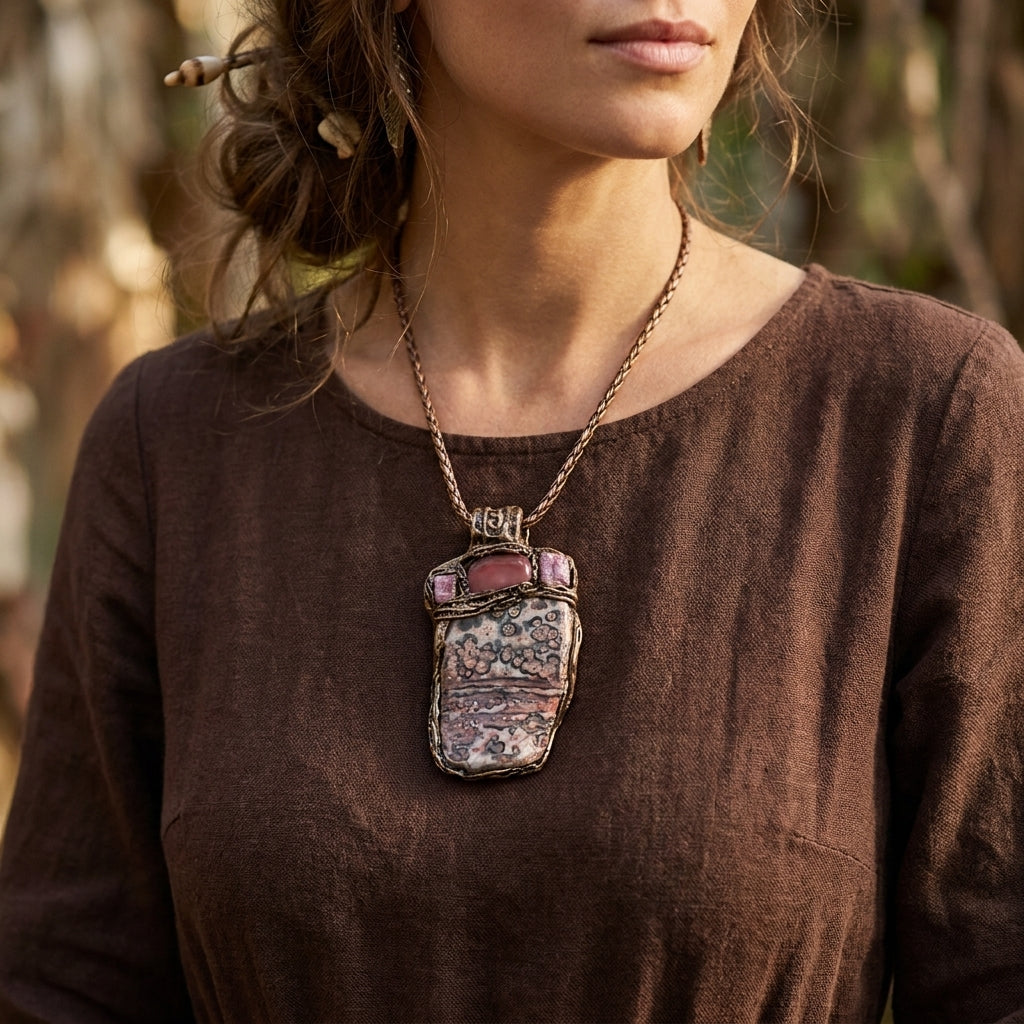 Leopard Skin Jasper, Raw Ruby & Cherry Quartz Pendant Necklace