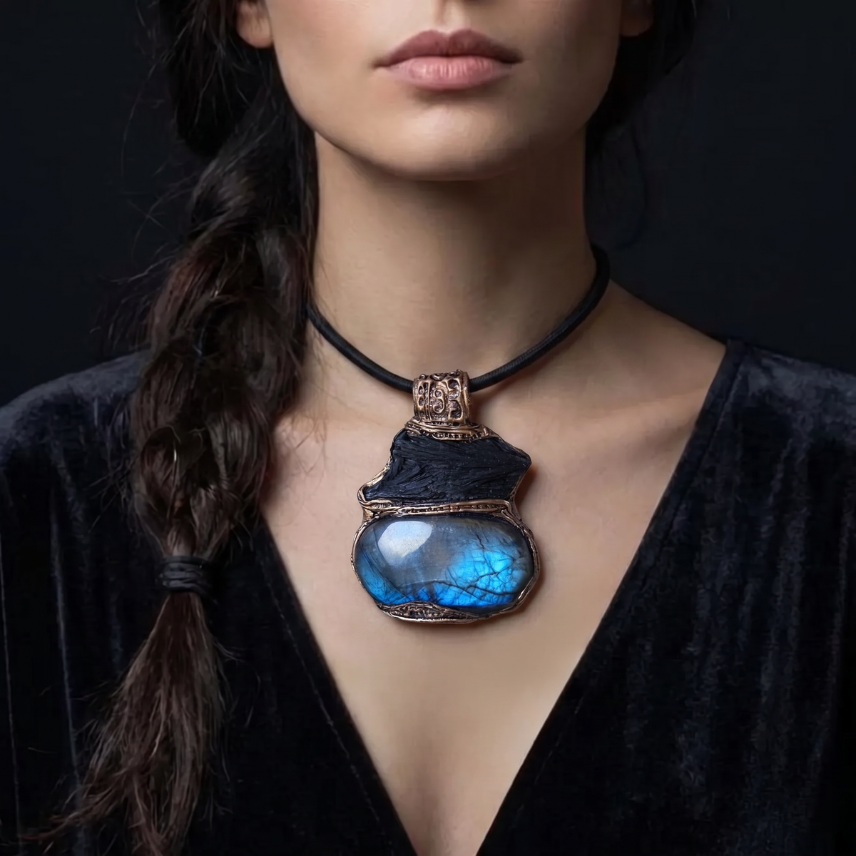 Large Labradorite and Black Kyanite pendant choker worn on a model, featuring raw black crystal above a polished blue-flash Labradorite in an ornate bronze-tone setting.