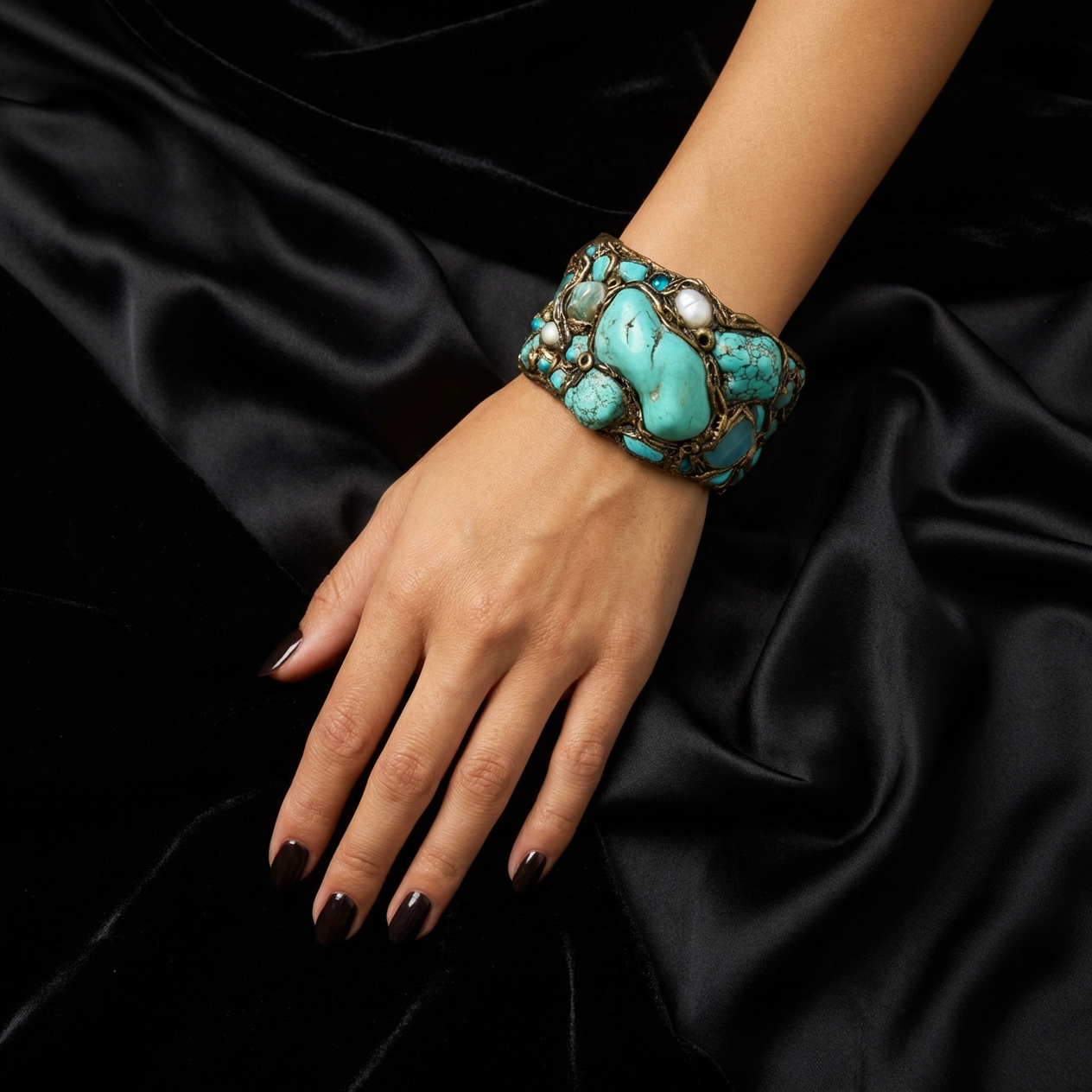 Wide handmade turquoise cuff bracelet featuring large blue-green stones, pearl accents, intricate antique bronze-tone sculptural detailing and safety chain.
