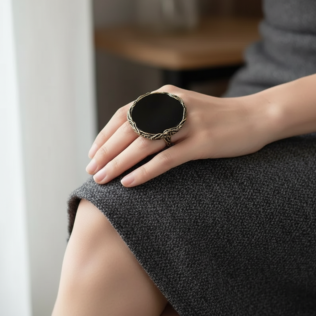 Black Obsidian chunky stone ring, oversized round large cocktail ring.