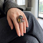 Citrine, Sunstone & Pyrite Statement Ring – Raw Crystal Good Luck Jewelry