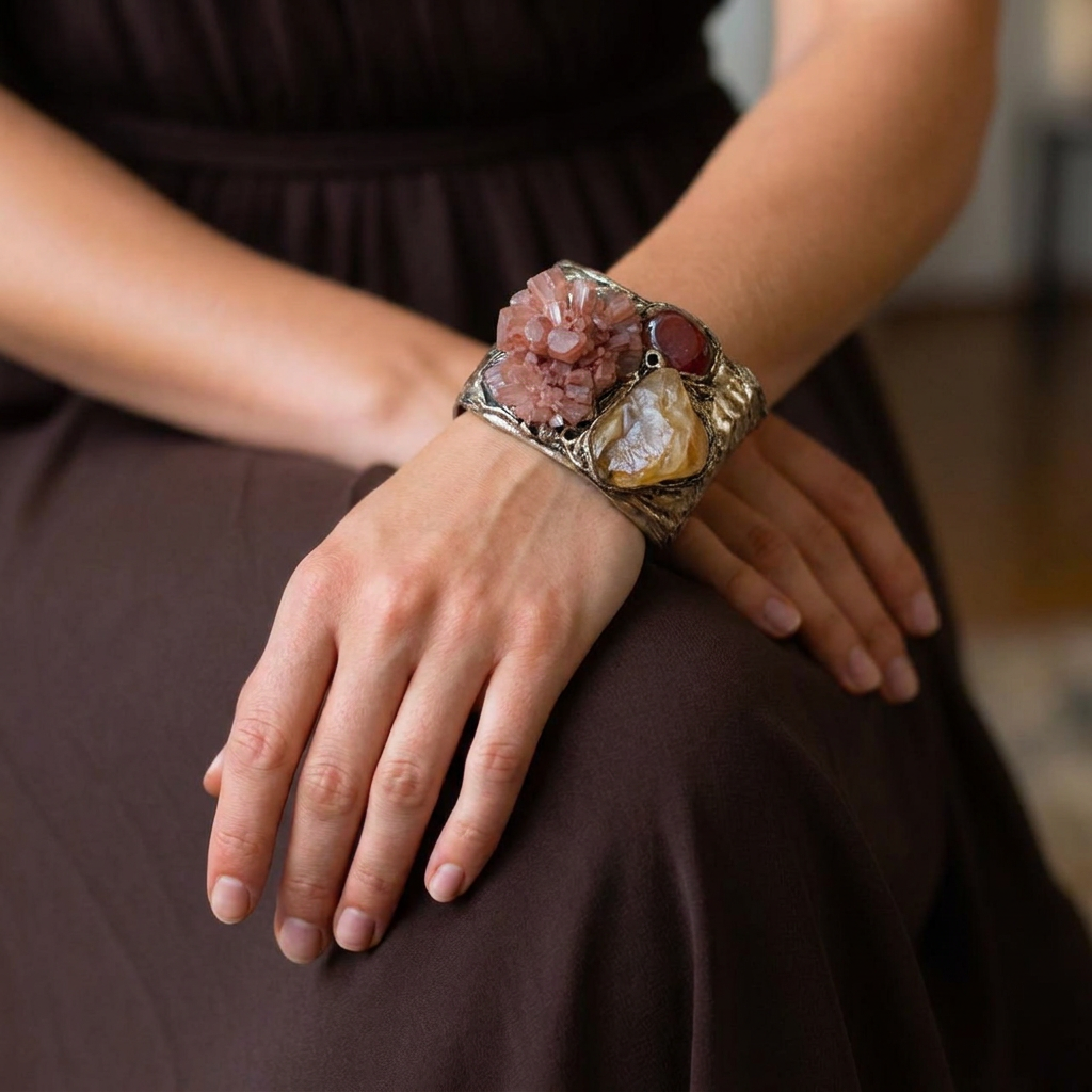 Aragonite, Citrine and Carnelian wide cuff bracelet, raw crystal statement jewelry.