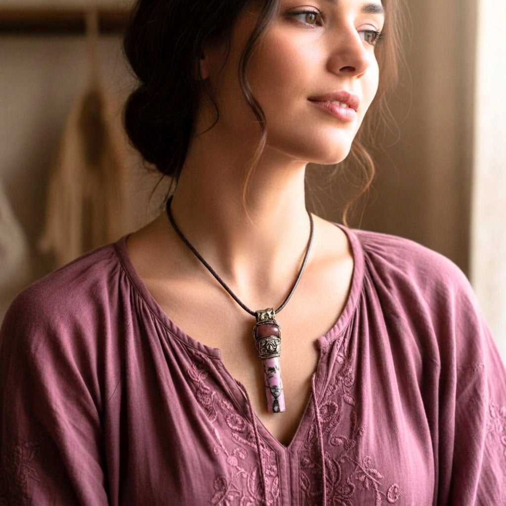 Rhodonite & Cherry Quartz Crystal Amulet - Pink Stone Pendant Necklace.