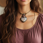 Flower Agate heart stone pendant necklace with Cherry Quartz, healing crystal amulet jewelry.