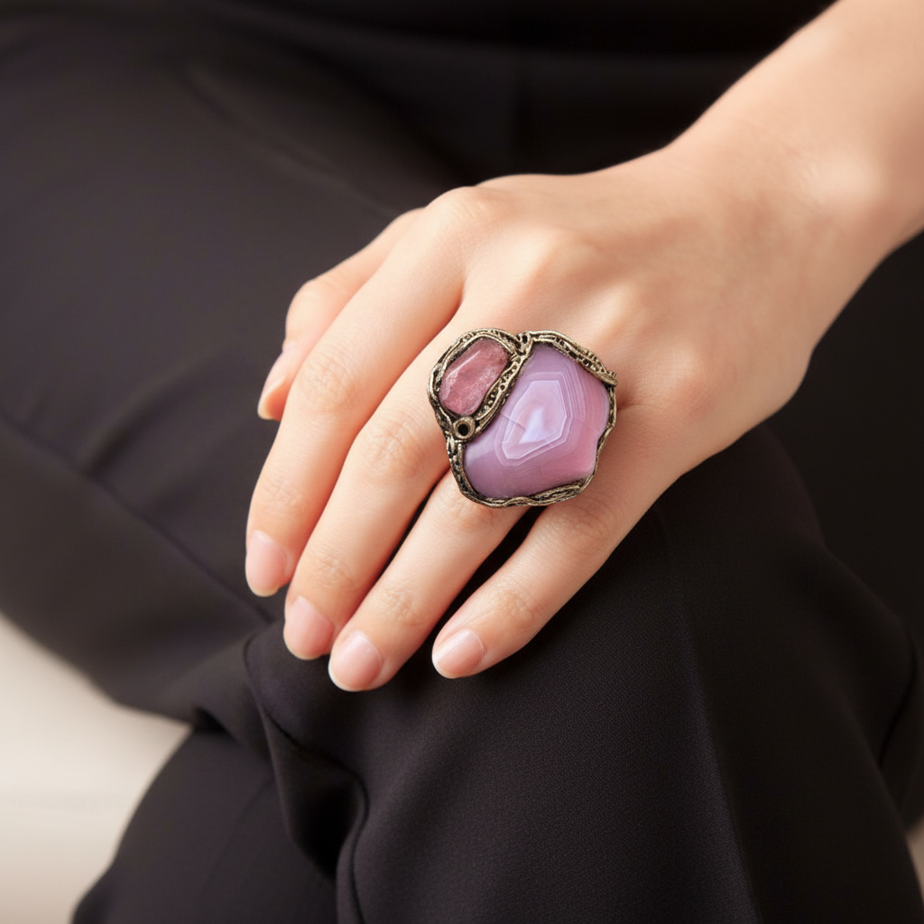 Peach Agate and Cherry Quartz statement ring with large pink and peach stones, handcrafted oversized cocktail ring.