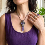 Amethyst and Tanzanite gemstone pendant necklace — spiritual crystal amulet for intuition, peace, and mindfulness.