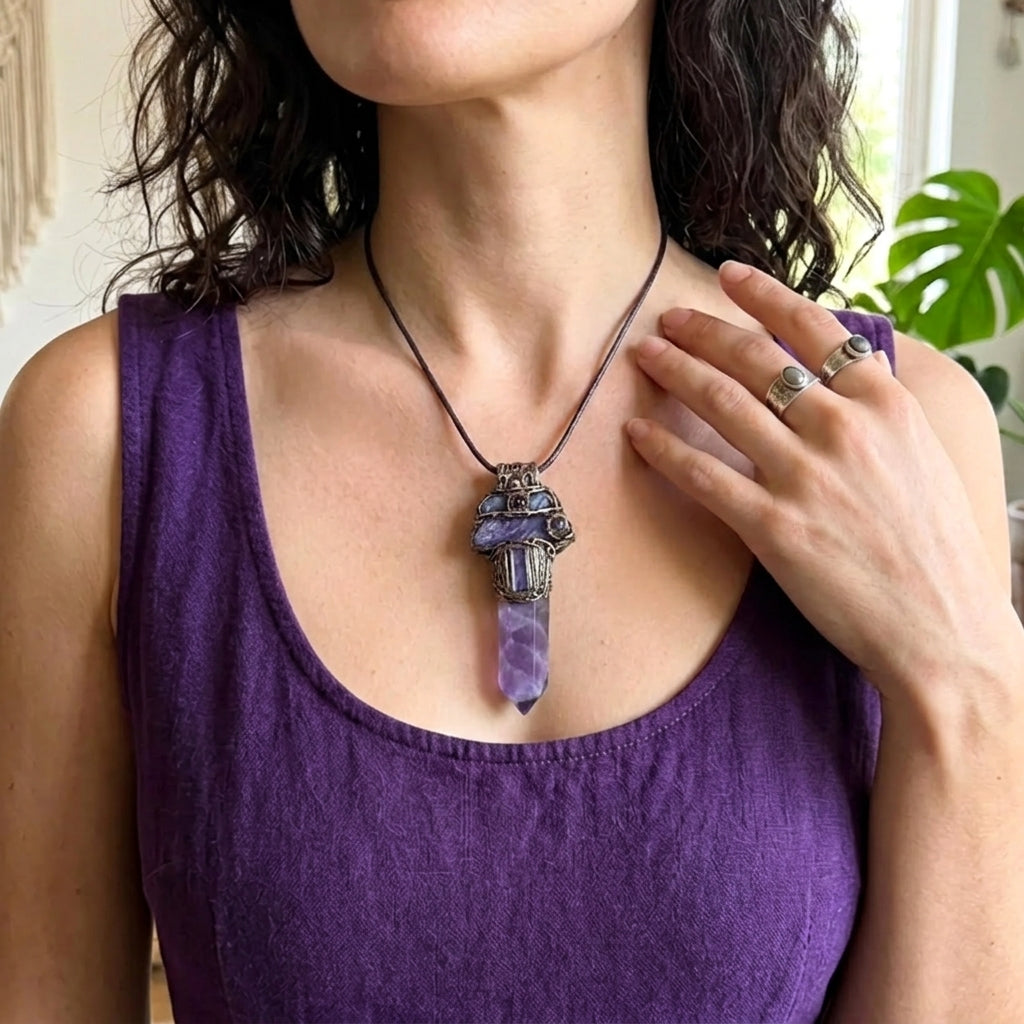 Amethyst and Tanzanite gemstone pendant necklace — spiritual crystal amulet for intuition, peace, and mindfulness.