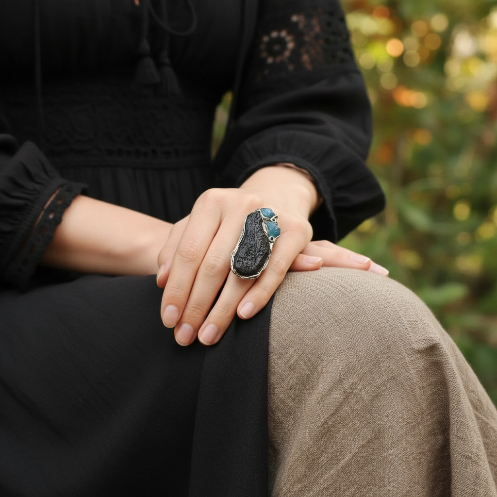 Meteorite Tektite and Apatite Raw Stone Full Finger Ring