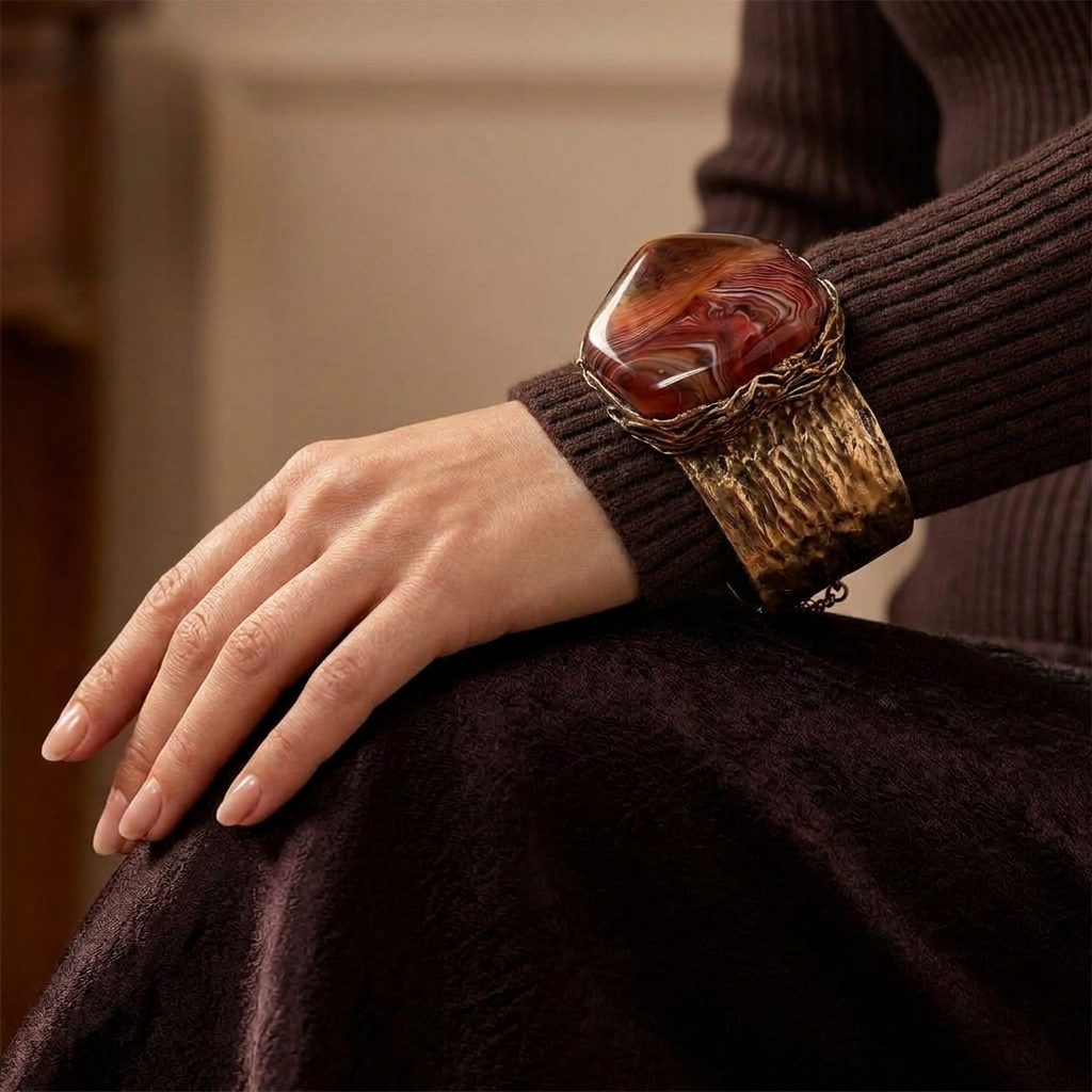 Wide statement cuff bracelet with an exceptionally large natural Sardonyx displaying red, rust, cream and white banded patterns.