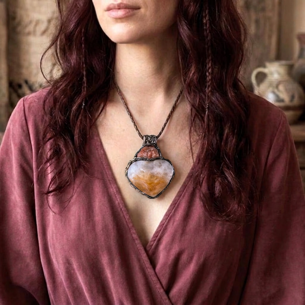 Golden Healer Quartz and Sunstone heart pendant necklace, radiant healing crystal amulet.