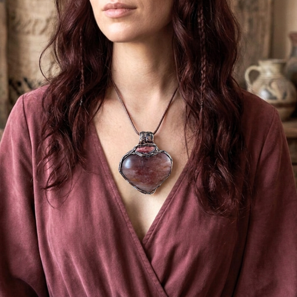 Golden Healer Quartz and Sunstone heart pendant necklace, radiant healing crystal amulet.