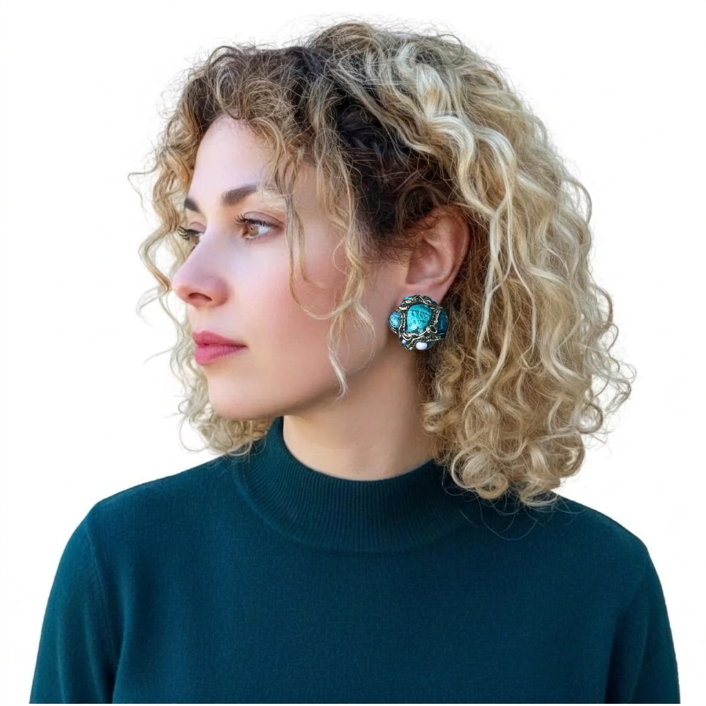 Turquoise cluster statement stud earrings with multiple natural blue-green stones, handcrafted one-of-a-kind gemstone jewelry.