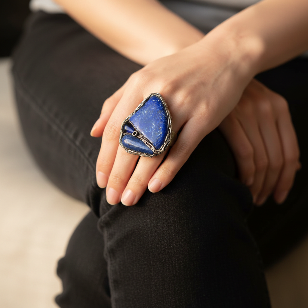 Large lapis lazuli blue stone cocktail ring, bold statement natural gemstone jewelry.