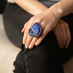 Large lapis lazuli blue stone cocktail ring, bold statement natural gemstone jewelry.