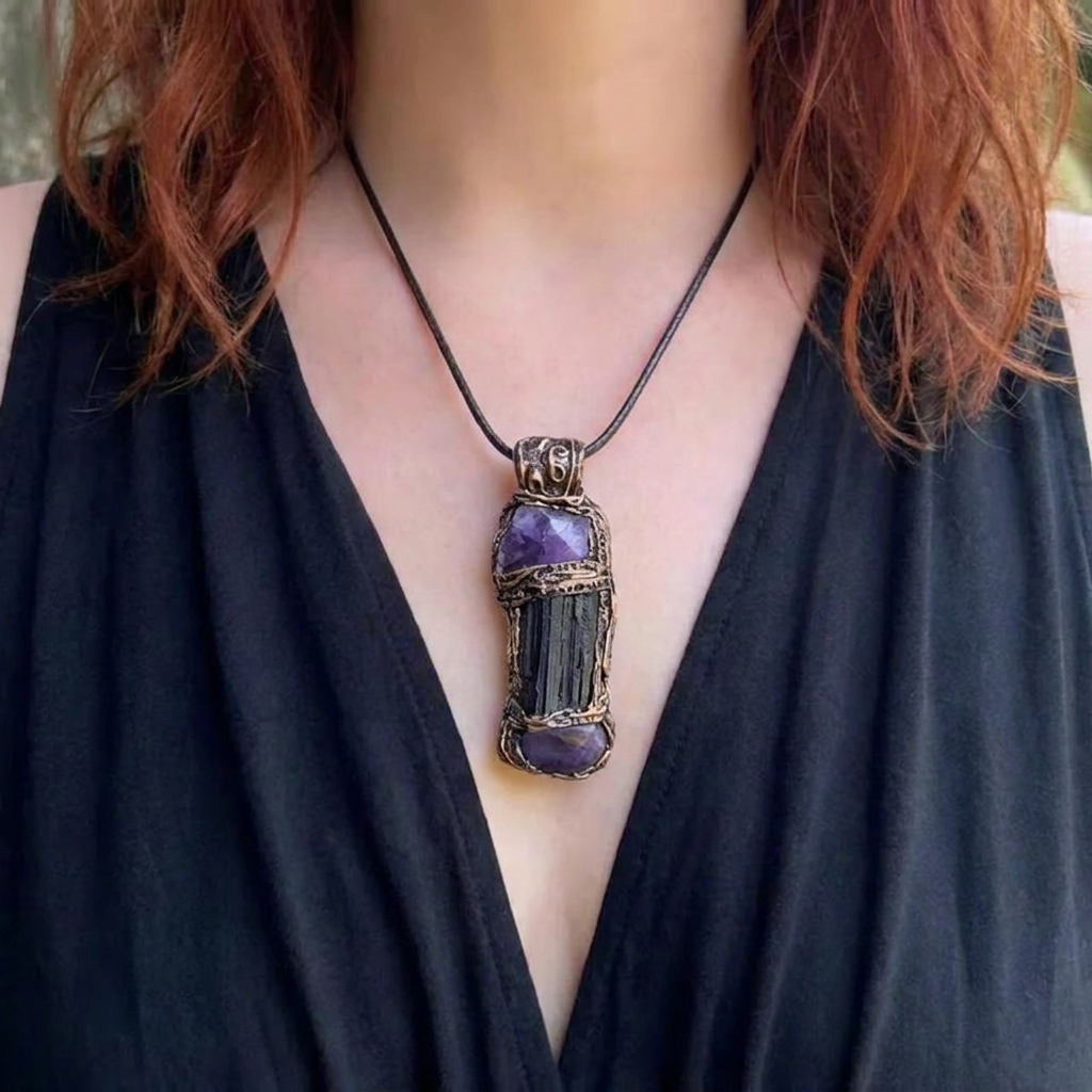 Black Tourmaline and Amethyst Pendant Necklace -  Empath Protection Crystal Amulet