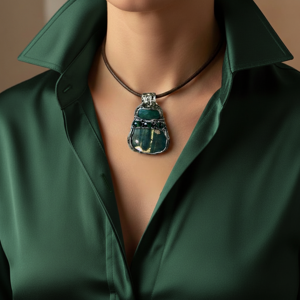 Green Ocean Jasper and Jade pendant necklace with natural green gemstones, handcrafted one-of-a-kind crystal amulet.