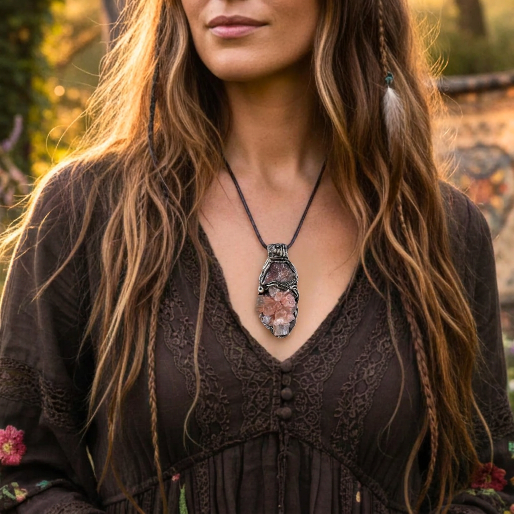 Sunstone and Aragonite cluster pendant necklace with natural raw crystals, handcrafted one-of-a-kind gemstone amulet for joy and grounding.