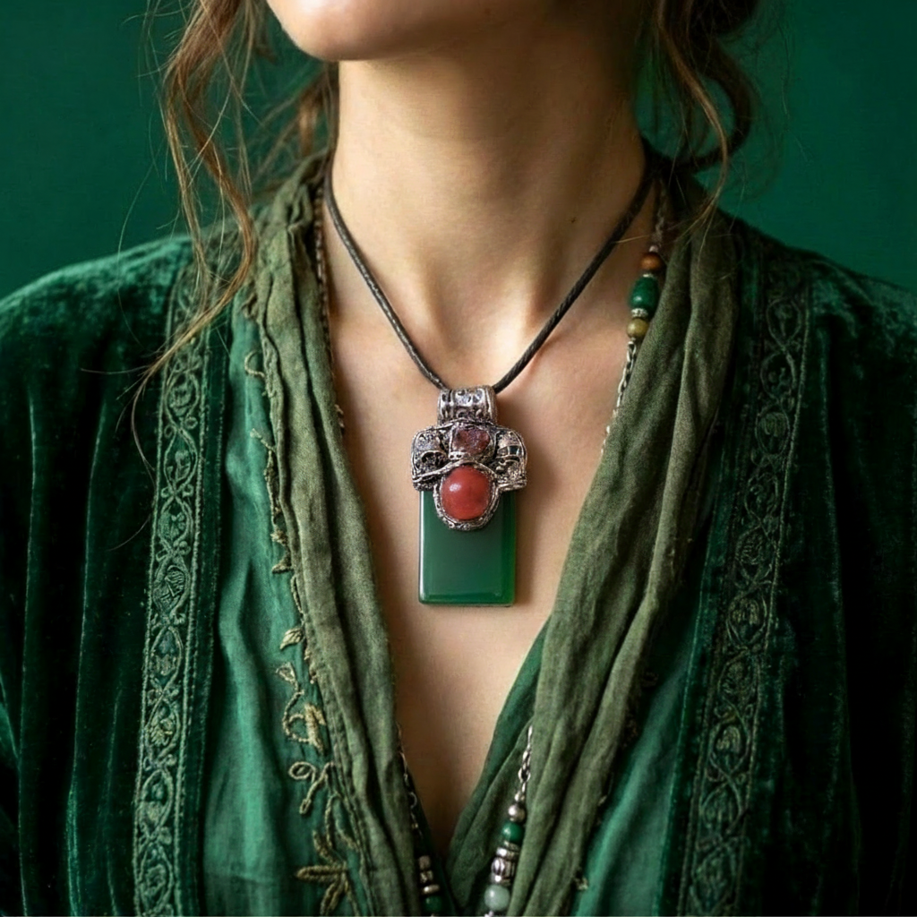 Large green Jade pendant necklace with red Carnelian stones in a handcrafted sculptural amulet setting.