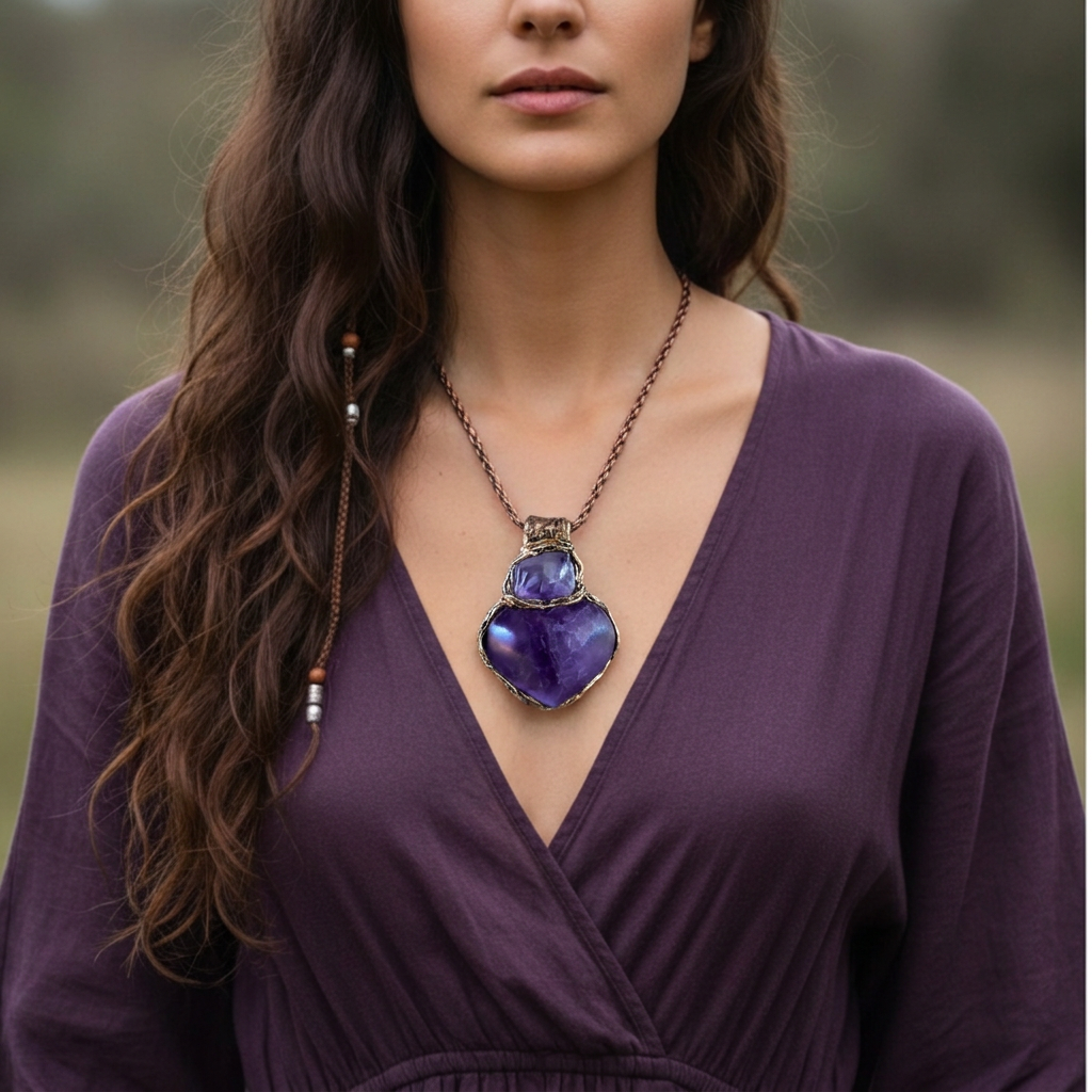 Chunky Amethyst Necklace - Purple Heart Crystal Pendant.