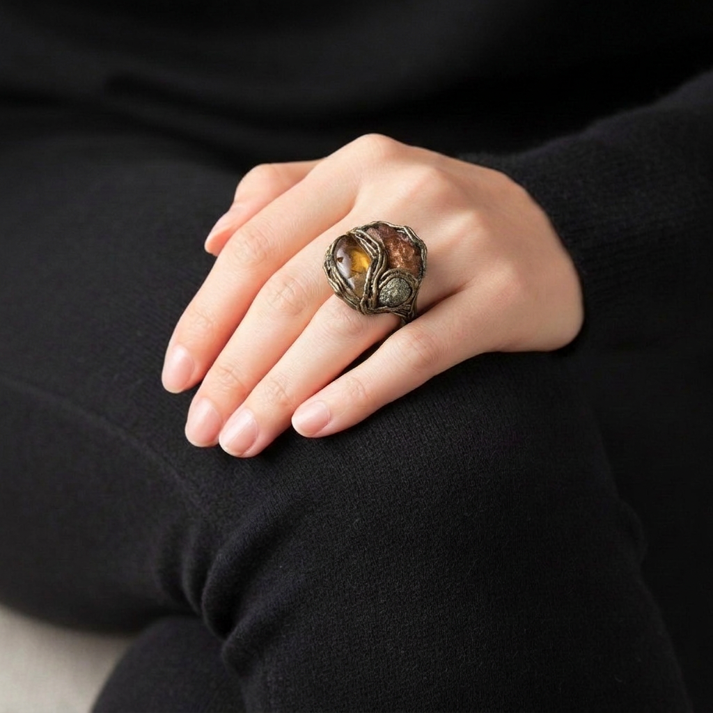 Citrine, Pyrite & Sunstone Statement Ring – Raw Crystal Gemstone Ring