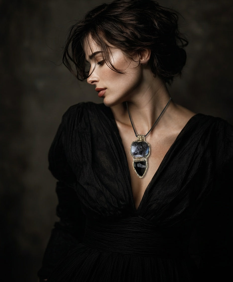 Empath Protection Crystal Pendant - Black Rutilated Tourmaline Quartz & Onyx Necklace