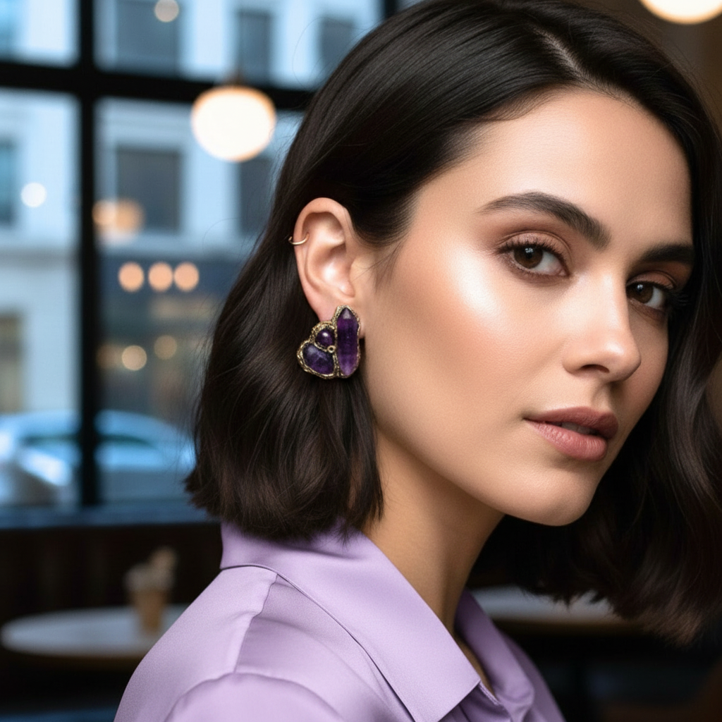 Amethyst Crystal Stud Earrings – Purple Gemstone Statement Earrings