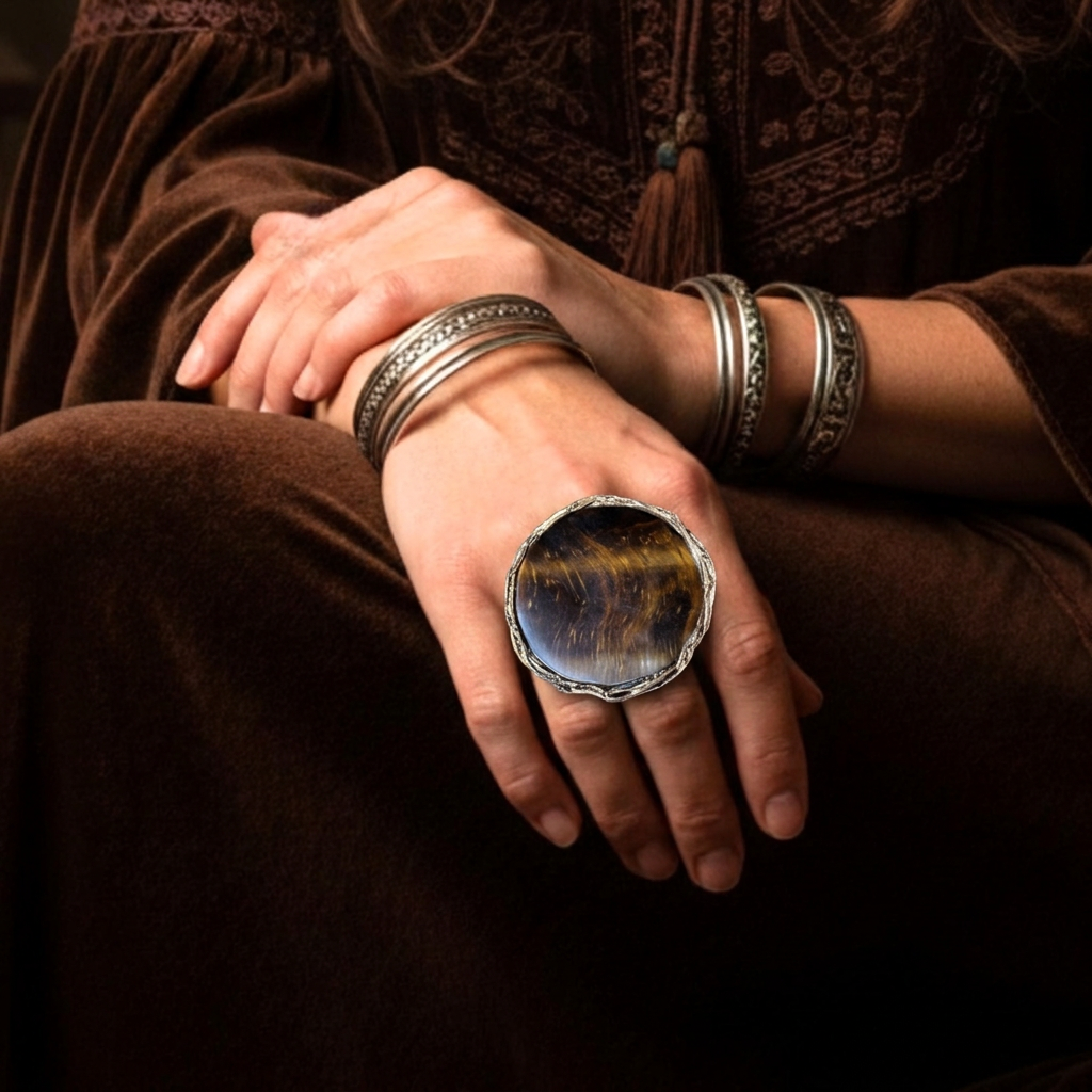 Statement Tiger Eye Ring - Chunky Round Big Gemstone Cocktail Ring