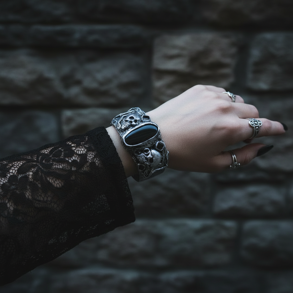 Gothic Skull Wide Cuff Onyx Bracelet