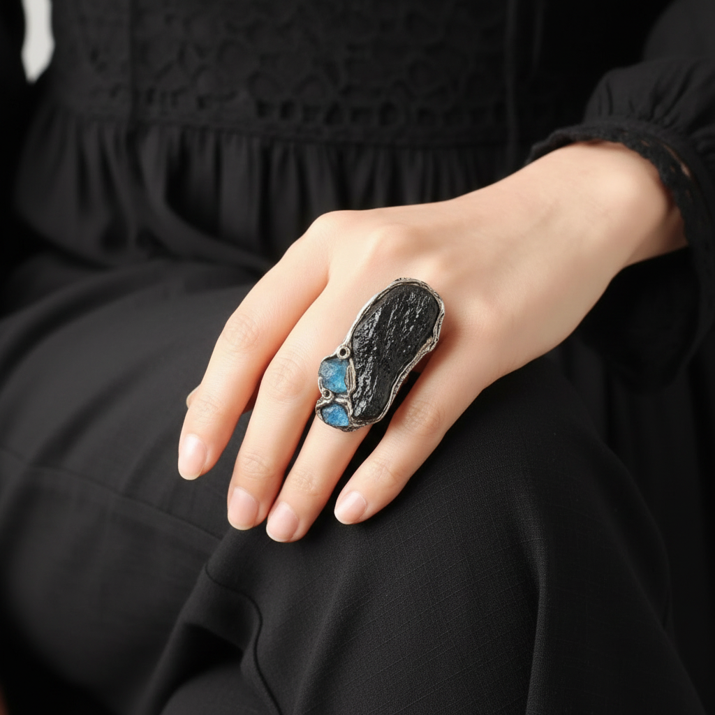 Meteorite Tektite and Apatite Raw Stone Full Finger Ring