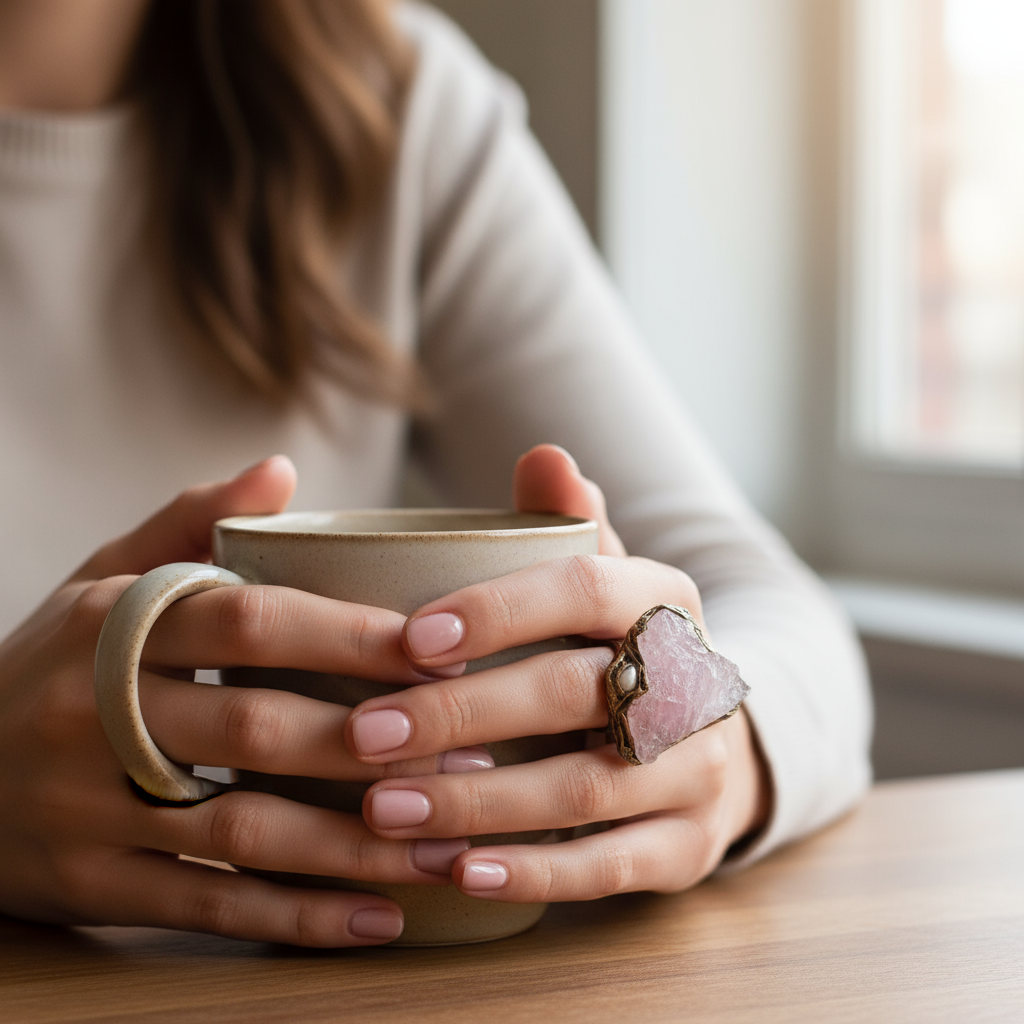 Chunky Raw Rose Quartz & Pearl Ring, Oversized Bold Pink Stone Cocktail Ring