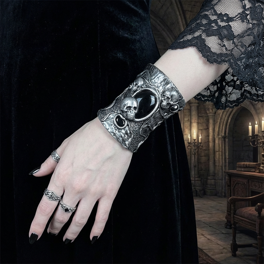 Gothic Skull Onyx Wide Cuff Bracelet – Unique Gothic Wedding Jewelry