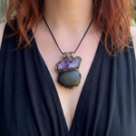 Shungite and raw Amethyst pendant necklace with genuine natural gemstones, handcrafted empath protection crystal amulet for grounding and intuition.