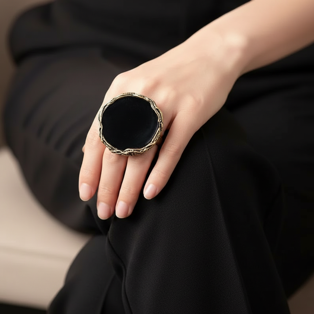 Black Obsidian chunky stone ring, oversized round large cocktail ring.
