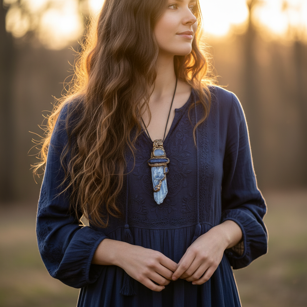 Blue Kyanite Lapis Lazuli Onyx Raw Healing Stone Amulet Necklace