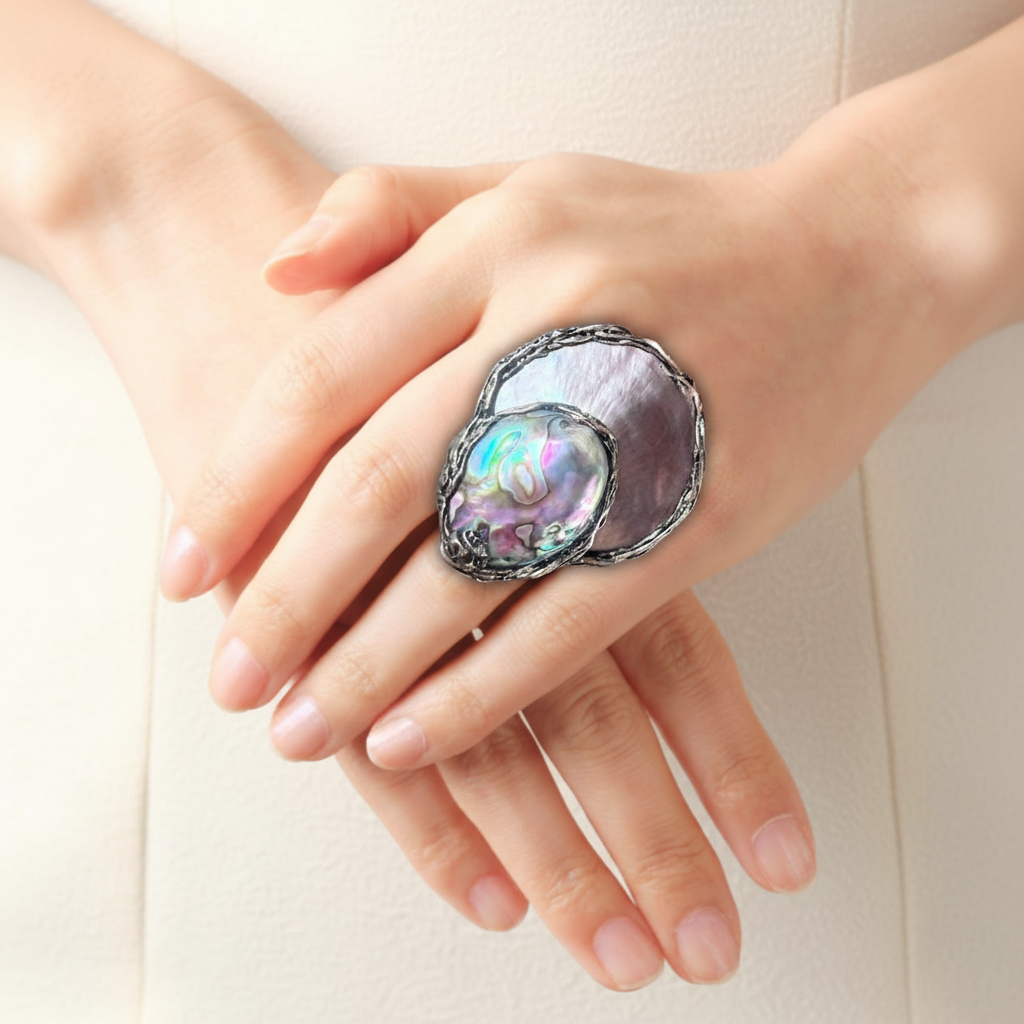 Mother of Pearl Necklace with Abalone and Epidote - Statement Shell Jewelry