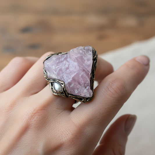 Chunky Raw Rose Quartz & Pearl Ring, Oversized Bold Pink Stone Cocktail Ring