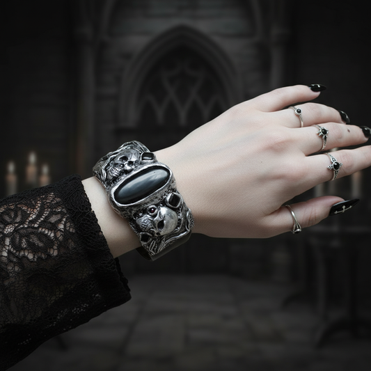 Gothic Skull Wide Cuff Onyx Bracelet