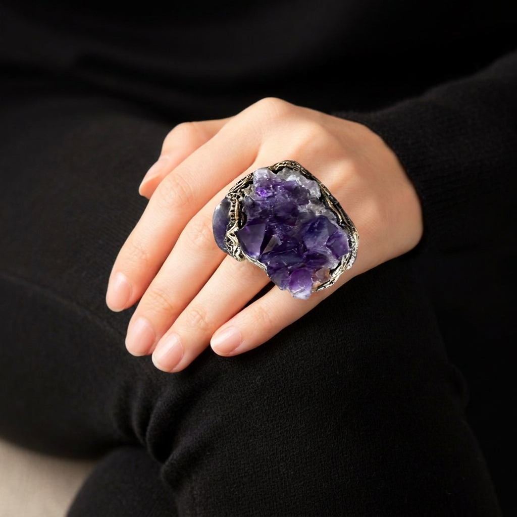 Raw Amethyst druzy cluster geode ring, large stone cocktail ring.