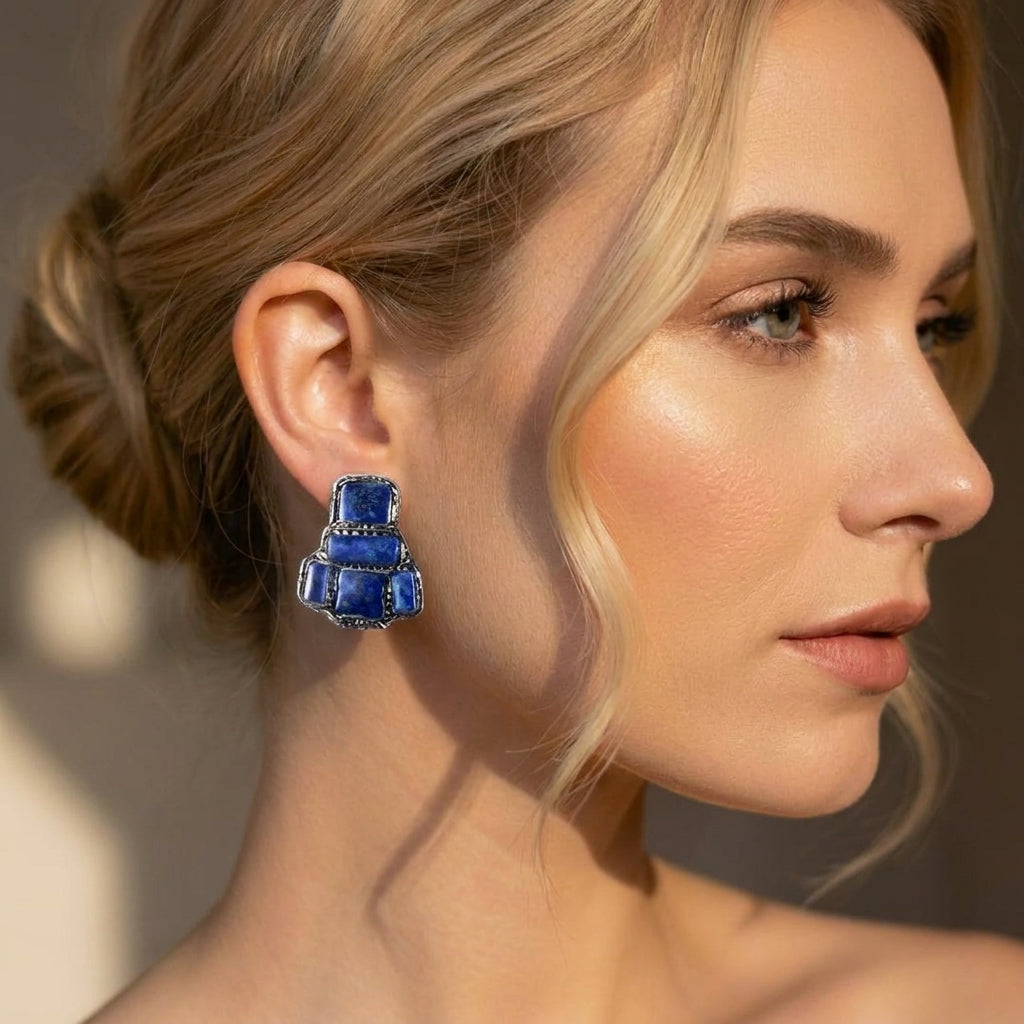 Lapis Lazuli and Sodalite Blue Stone Earrings  Statement Clip-on