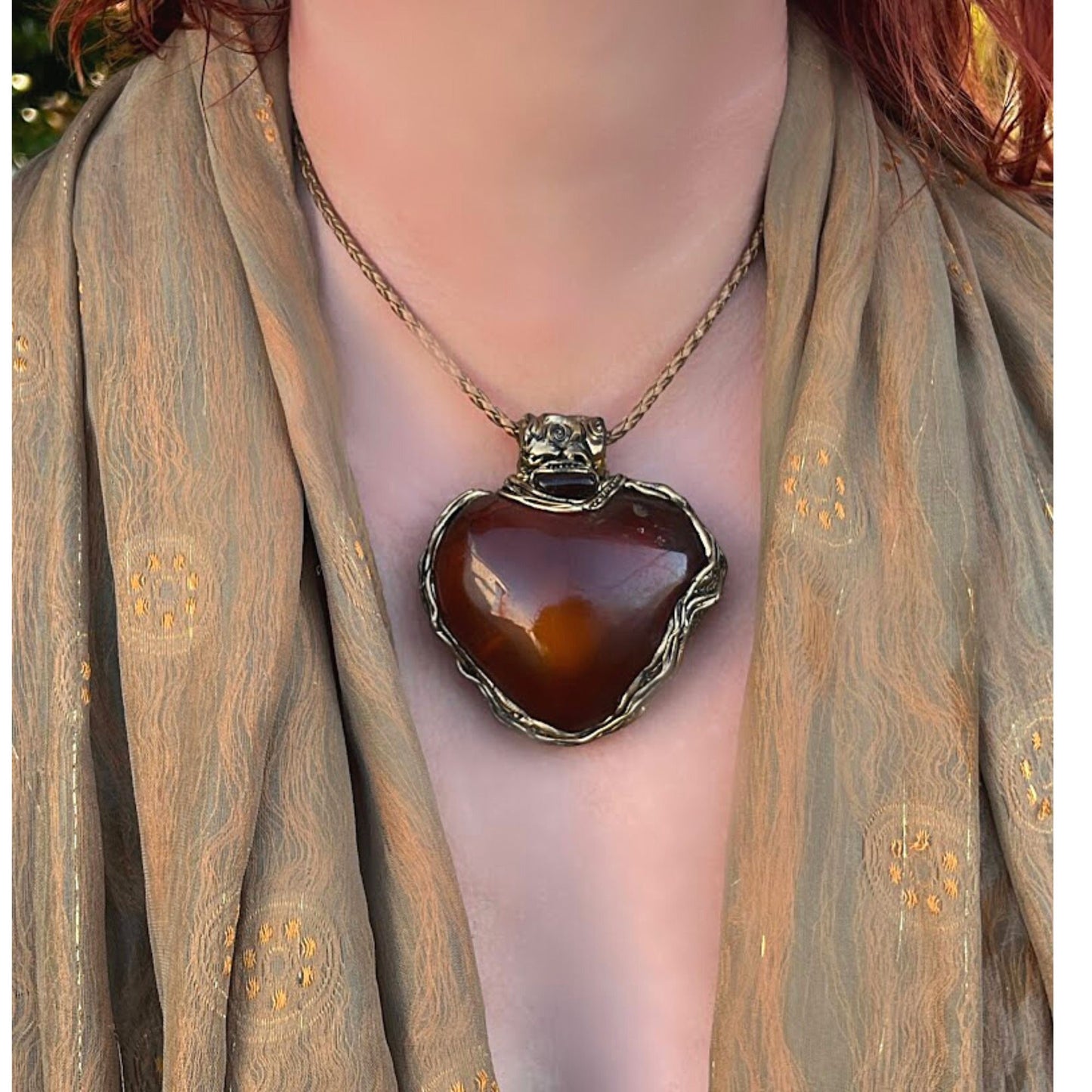 Large Amber necklace, heart pendant, good luck necklace