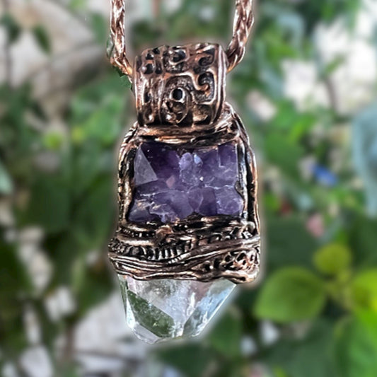 Clear Quartz pendant, raw Amethyst necklace, large rock crystal point pendant, earthy jewelry