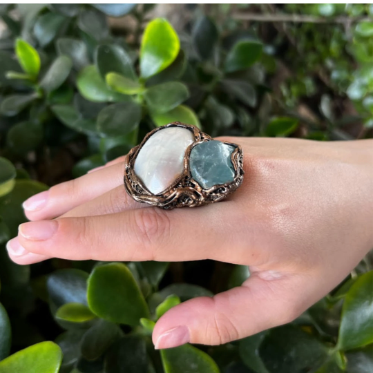 Mother of pearl ring, Fluorite ring, big white chunky ring, huge modern cocktail ring