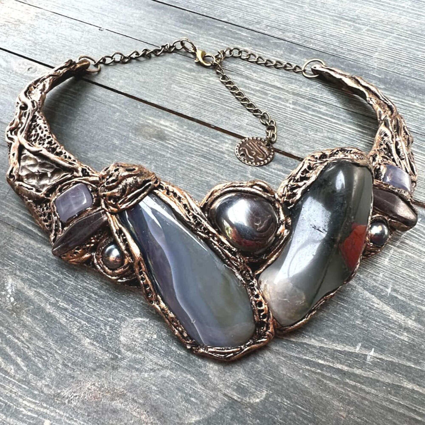 Chunky collar necklace, African Bloodstone Agate Hematite  raw stone choker necklace