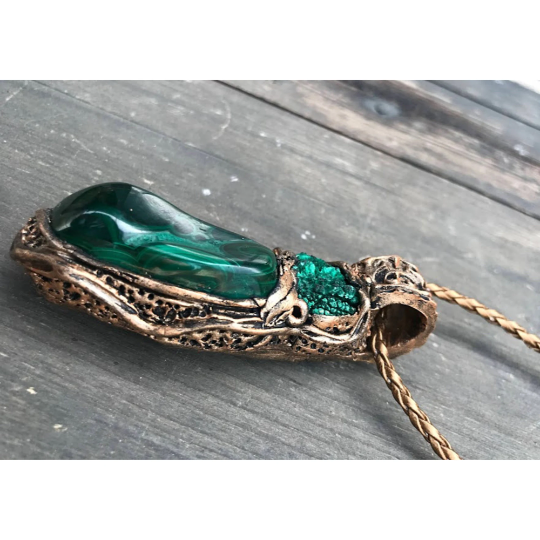 Malachite necklace, large stone pendant