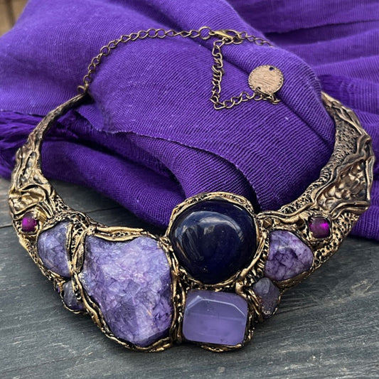 Choker crystal collar necklace, purple chunky necklace, raw stone Designer necklace