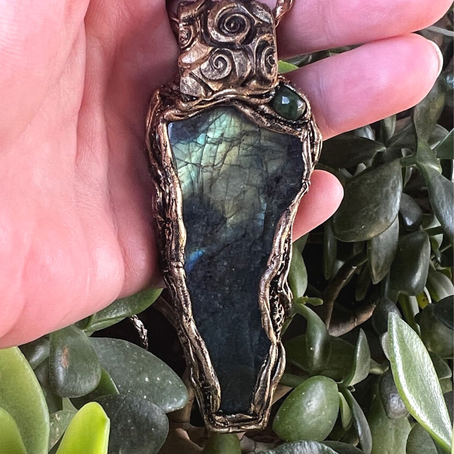 Labradorite necklace, large stone pendant, modern gemstone necklace, green Jade pendant