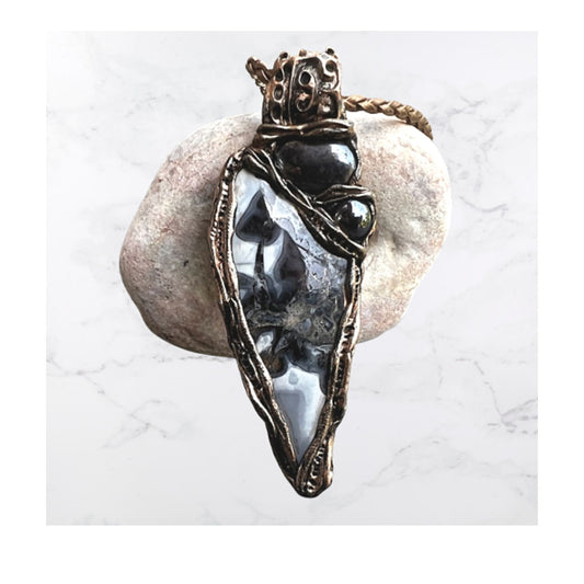 Large stone triangle pendant, Jasper & Hematite necklace,