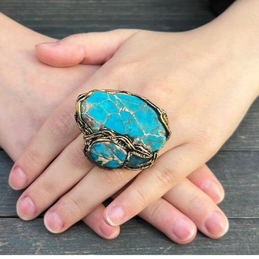 Blue Turquoise and Jasper Large Stone Chunky Ring, Oversized Cocktail Ring