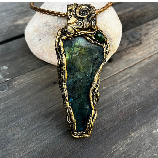 Labradorite necklace, large stone pendant, modern gemstone necklace, green Jade pendant