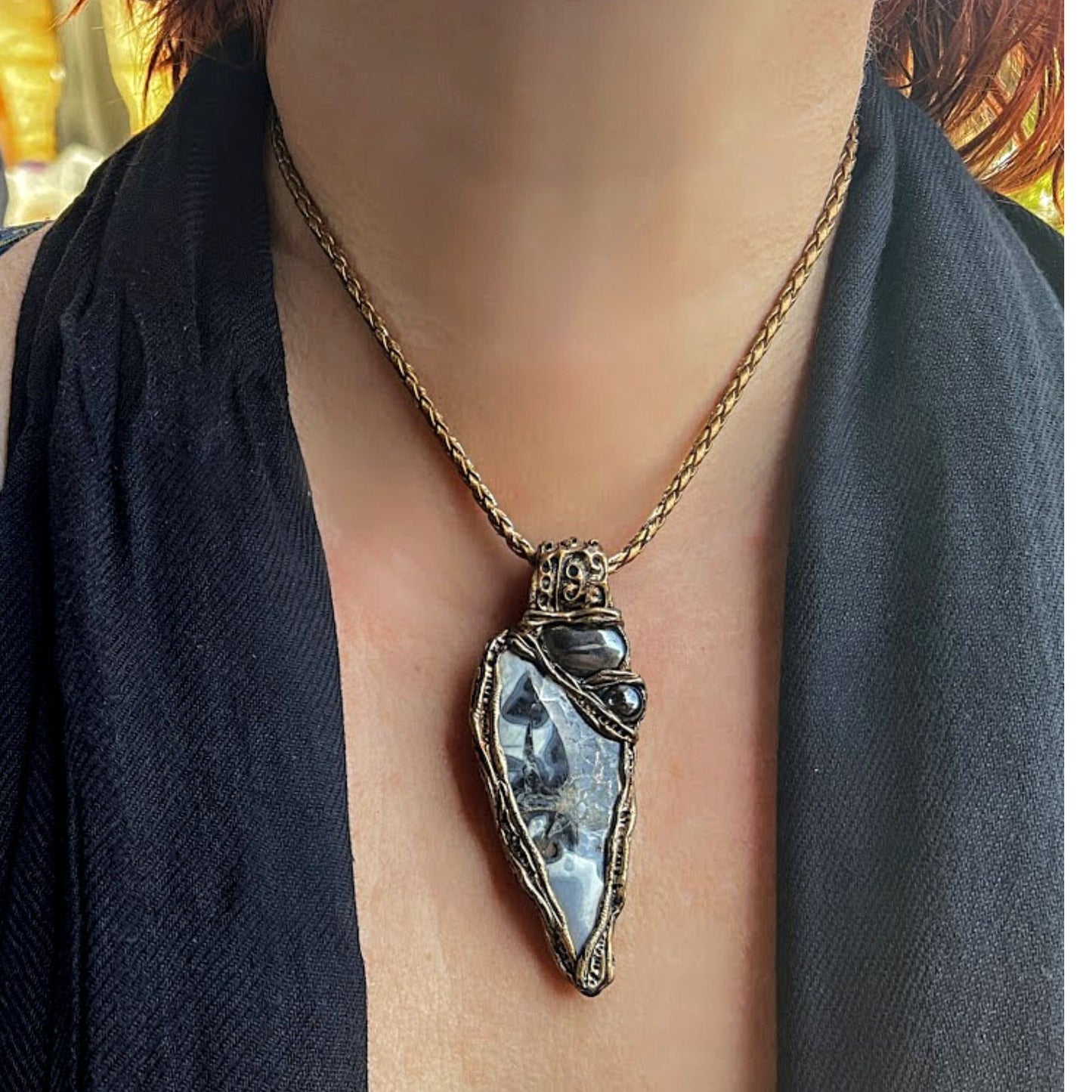 Large stone triangle pendant, Jasper & Hematite necklace,